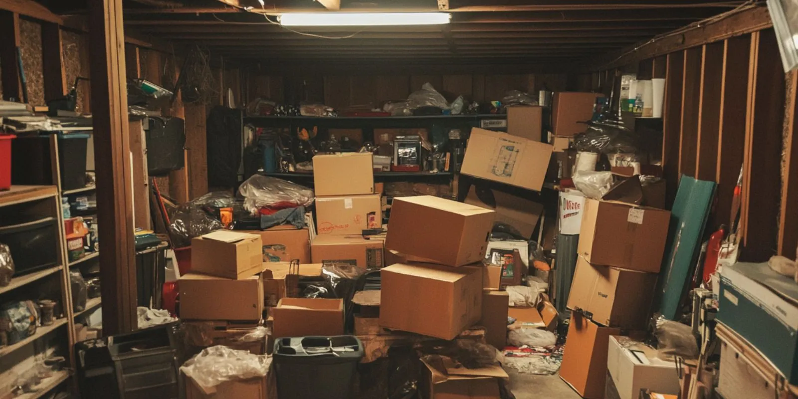 Cluttered Toronto basement packed with boxes and items ready for full property cleanout service in GTA